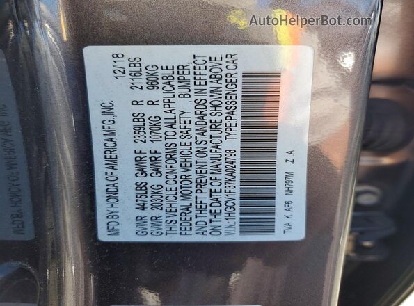 1HGCV1F37KA024798 2019 HONDA ACCORD Gray Շարժիչի բաժամունքի տեսք