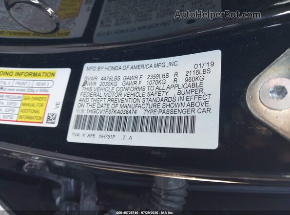 1HGCV1F37KA038474 2019 HONDA ACCORD Black ძრავის განყოფილების ხედი
