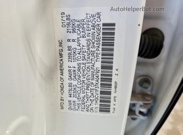 1HGCV1F37KA047921 2019 HONDA ACCORD White Widok komory silnika