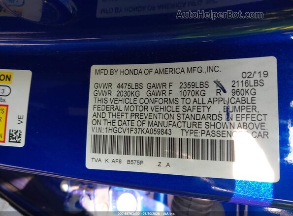 1HGCV1F37KA059843 2019 HONDA ACCORD Blue Engine compartment view