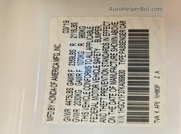 1HGCV1F37KA069630 2019 HONDA ACCORD White Вид підкапотного простору