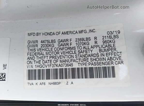 1HGCV1F37KA073645 2019 HONDA ACCORD Белый Вид подкапотного пространства