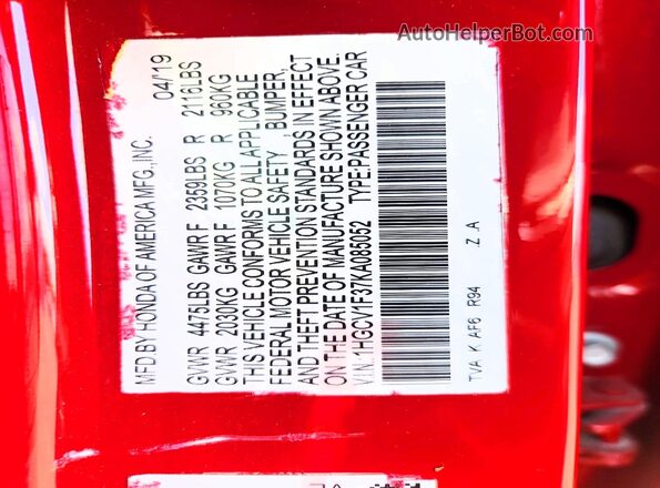 1HGCV1F37KA085052 2019 HONDA ACCORD Red Շարժիչի բաժամունքի տեսք