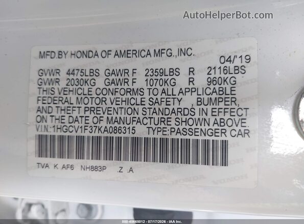1HGCV1F37KA086315 2019 HONDA ACCORD Белый Вид подкапотного пространства