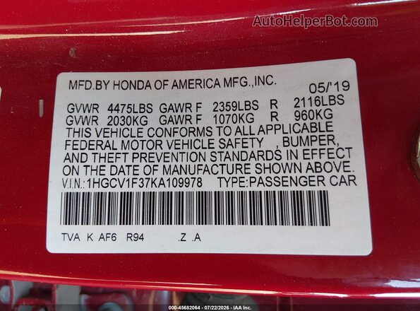 1HGCV1F37KA109978 2019 HONDA ACCORD Red Vista del compartimento del motor