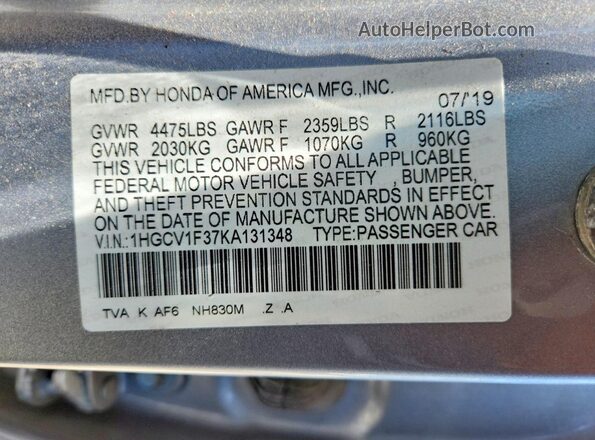 1HGCV1F37KA131348 2019 HONDA ACCORD Серебряный Вид наклейки с VIN-кодом