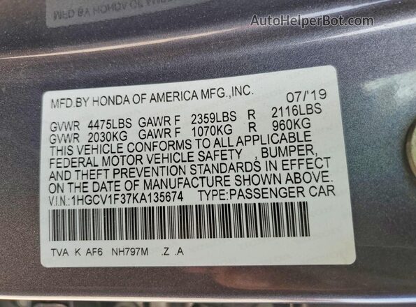 1HGCV1F37KA135674 2019 HONDA ACCORD Gray Вид наклейки з VIN-кодом