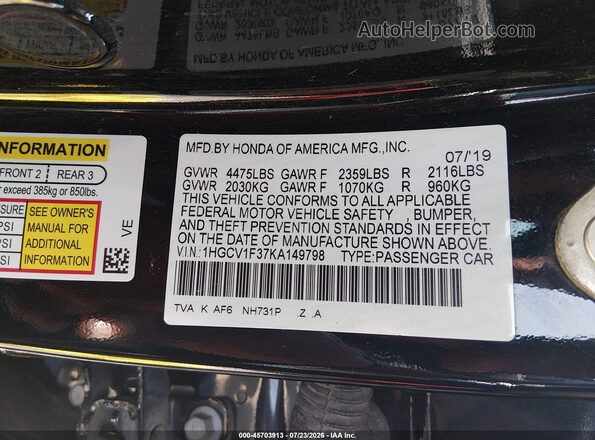 1HGCV1F37KA149798 2019 HONDA ACCORD Black Vista del compartimento del motor