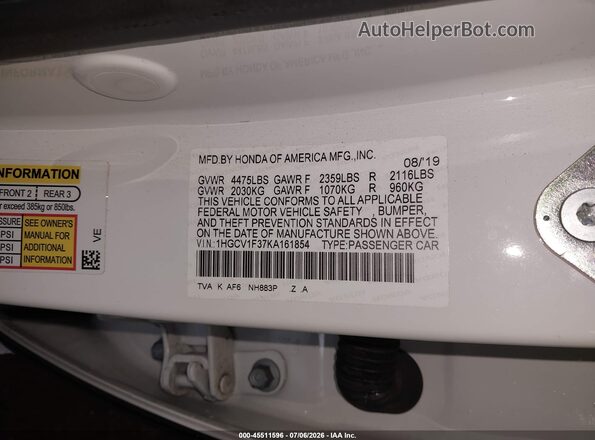 1HGCV1F37KA161854 2019 HONDA ACCORD White Vista del compartimento del motor