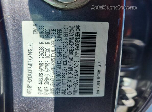 1HGCV1F37KA164012 2019 HONDA ACCORD Gray Vista del compartimento del motor