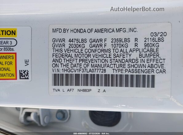 1HGCV1F37LA077728 2020 HONDA ACCORD White ძრავის განყოფილების ხედი