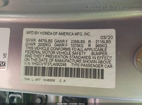 1HGCV1F37LA082248 2020 HONDA ACCORD Silver Vista del compartimento del motor