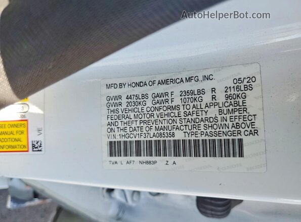 1HGCV1F37LA085358 2020 HONDA ACCORD White Vista del compartimento del motor