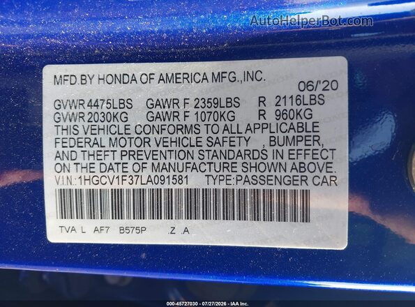 1HGCV1F37LA091581 2020 HONDA ACCORD Blue ძრავის განყოფილების ხედი