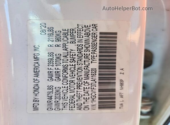 1HGCV1F37LA116320 2020 HONDA ACCORD White Вид підкапотного простору
