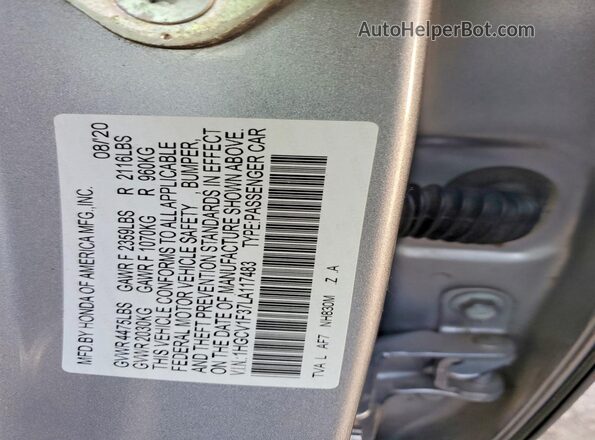 1HGCV1F37LA117483 2020 HONDA ACCORD Silver Вид наклейки з VIN-кодом