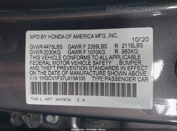 1HGCV1F37LA154100 2020 HONDA ACCORD Gray Vista del compartimento del motor