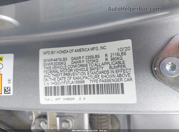 1HGCV1F37LA155666 2020 HONDA ACCORD Silver Вид підкапотного простору