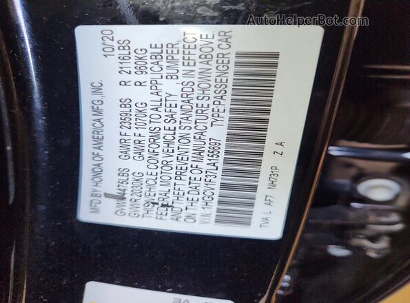 1HGCV1F37LA155697 2020 HONDA ACCORD Black Widok naklejki z numerem VIN