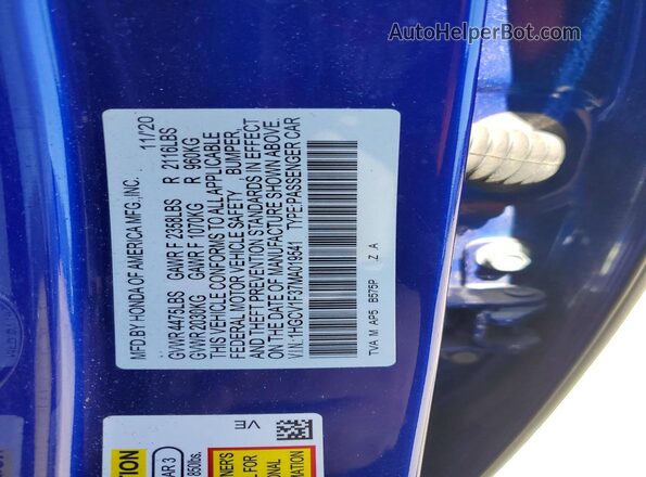1HGCV1F37MA019541 2021 HONDA ACCORD Blue Vista del compartimento del motor
