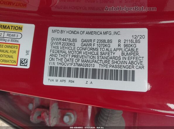 1HGCV1F37MA026313 2021 HONDA ACCORD Red Вид підкапотного простору