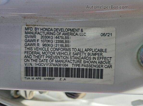 1HGCV1F37MA081084 2021 HONDA ACCORD White Vista del compartimento del motor