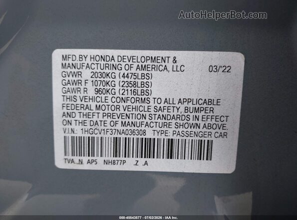 1HGCV1F37NA036308 2022 HONDA ACCORD Light Blue Вид підкапотного простору