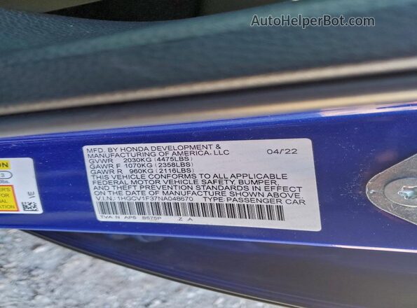1HGCV1F37NA048670 2022 HONDA ACCORD Blue Engine compartment view