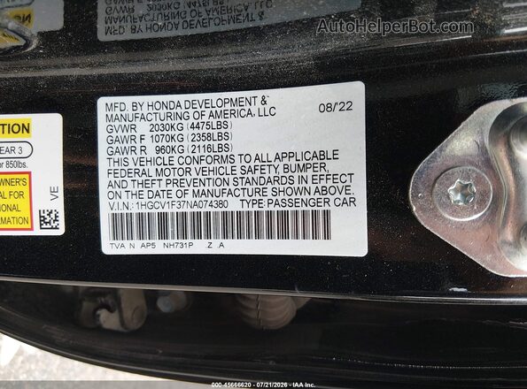 1HGCV1F37NA074380 2022 HONDA ACCORD Black ძრავის განყოფილების ხედი