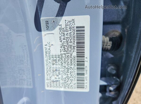 1HGCV1F37NA093690 2022 HONDA ACCORD Gray ძრავის განყოფილების ხედი