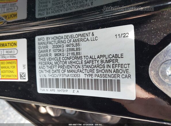1HGCV1F37NA103053 2022 HONDA ACCORD Black Engine compartment view