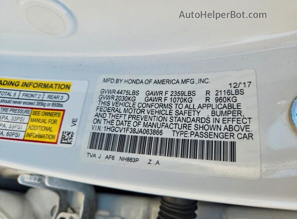 1HGCV1F38JA063866 2018 HONDA ACCORD White Շարժիչի բաժամունքի տեսք