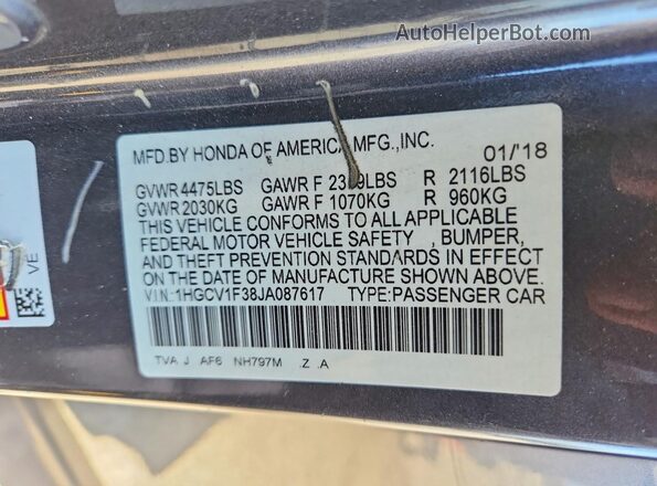 1HGCV1F38JA087617 2018 HONDA ACCORD Charcoal Vista del compartimento del motor