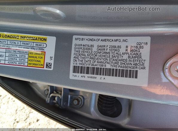 1HGCV1F38JA110815 2018 HONDA ACCORD Silver Widok komory silnika