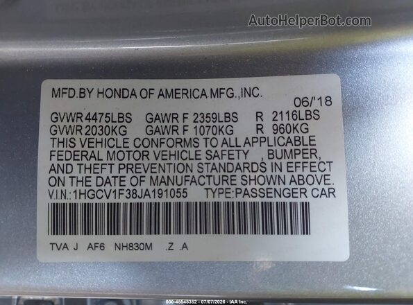 1HGCV1F38JA191055 2018 HONDA ACCORD Серый Вид подкапотного пространства