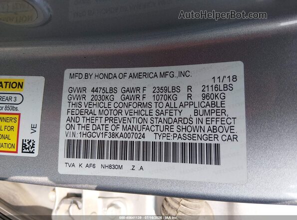 1HGCV1F38KA007024 2019 HONDA ACCORD Silver Engine compartment view