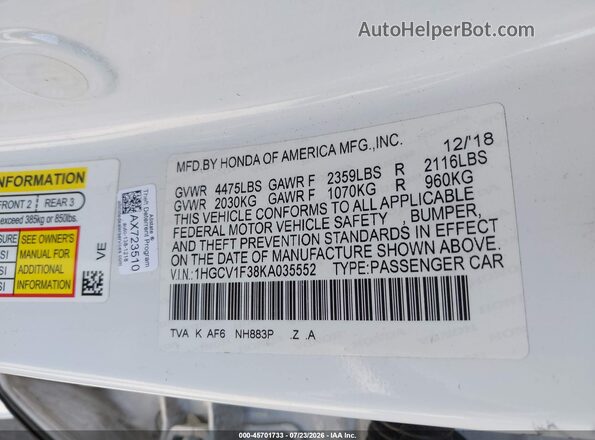 1HGCV1F38KA035552 2019 HONDA ACCORD Белый Вид подкапотного пространства