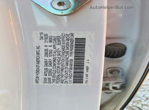 1HGCV1F38KA081639 2019 HONDA ACCORD Белый Вид подкапотного пространства