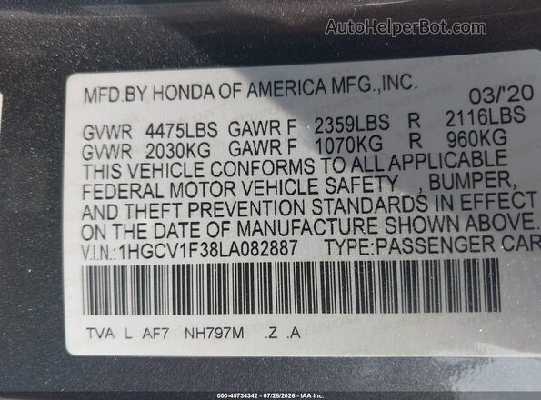 1HGCV1F38LA082887 2020 HONDA ACCORD Gray ძრავის განყოფილების ხედი