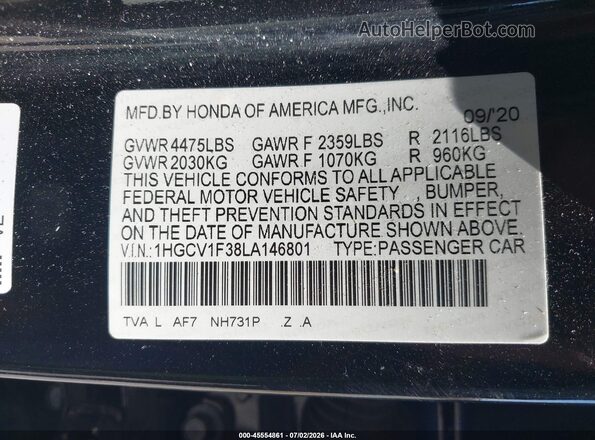 1HGCV1F38LA146801 2020 HONDA ACCORD Black Engine compartment view