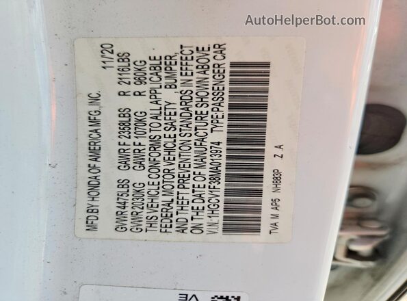 1HGCV1F38MA013974 2021 HONDA ACCORD White Widok komory silnika