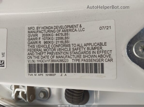 1HGCV1F38MA088223 2021 HONDA ACCORD White Widok komory silnika