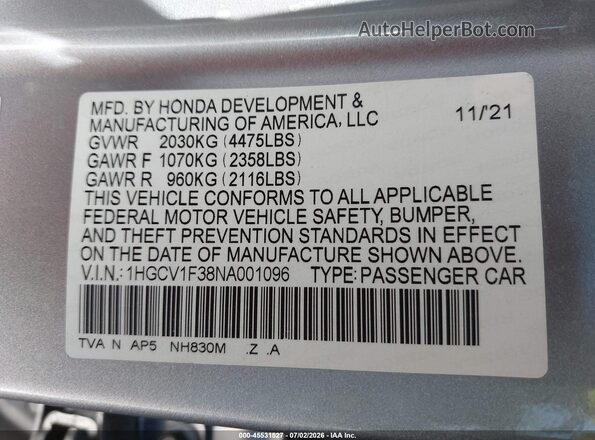 1HGCV1F38NA001096 2022 HONDA ACCORD Серебряный Вид подкапотного пространства