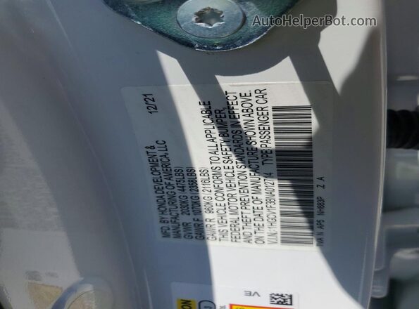 1HGCV1F38NA012714 2022 HONDA ACCORD Белый Вид подкапотного пространства