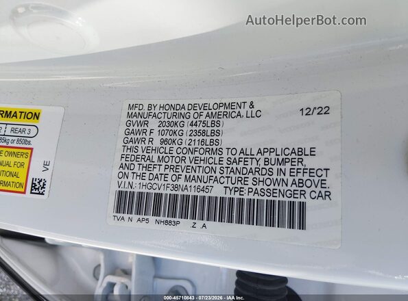 1HGCV1F38NA116457 2022 HONDA ACCORD White ძრავის განყოფილების ხედი