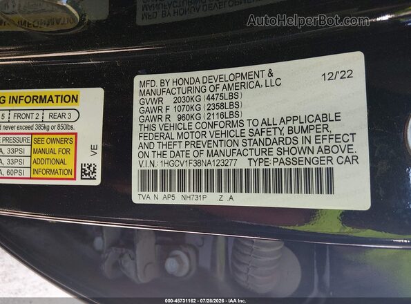 1HGCV1F38NA123277 2022 HONDA ACCORD Black ძრავის განყოფილების ხედი