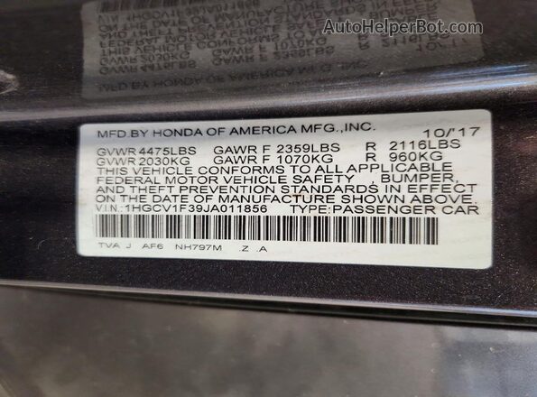1HGCV1F39JA011856 2018 HONDA ACCORD Серый Вид подкапотного пространства