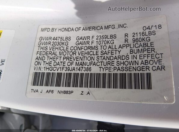 1HGCV1F39JA147386 2018 HONDA ACCORD White Vista del compartimento del motor
