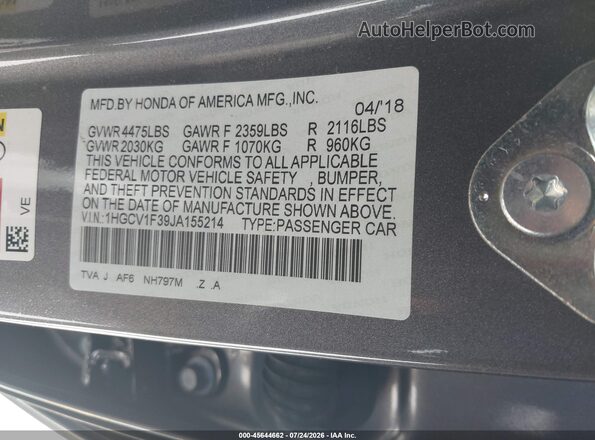 1HGCV1F39JA155214 2018 HONDA ACCORD Gray ძრავის განყოფილების ხედი