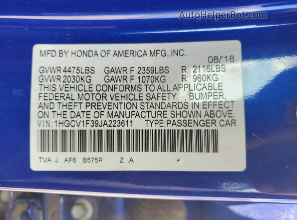 1HGCV1F39JA223611 2018 HONDA ACCORD Blue VIN sticker view